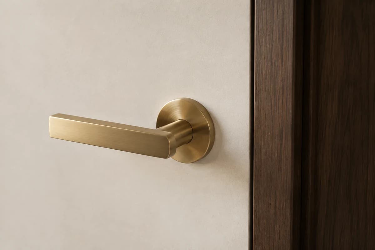 Détail d’une poignée en bronze brossé sur une porte minérale et un encadrement en bois sombre